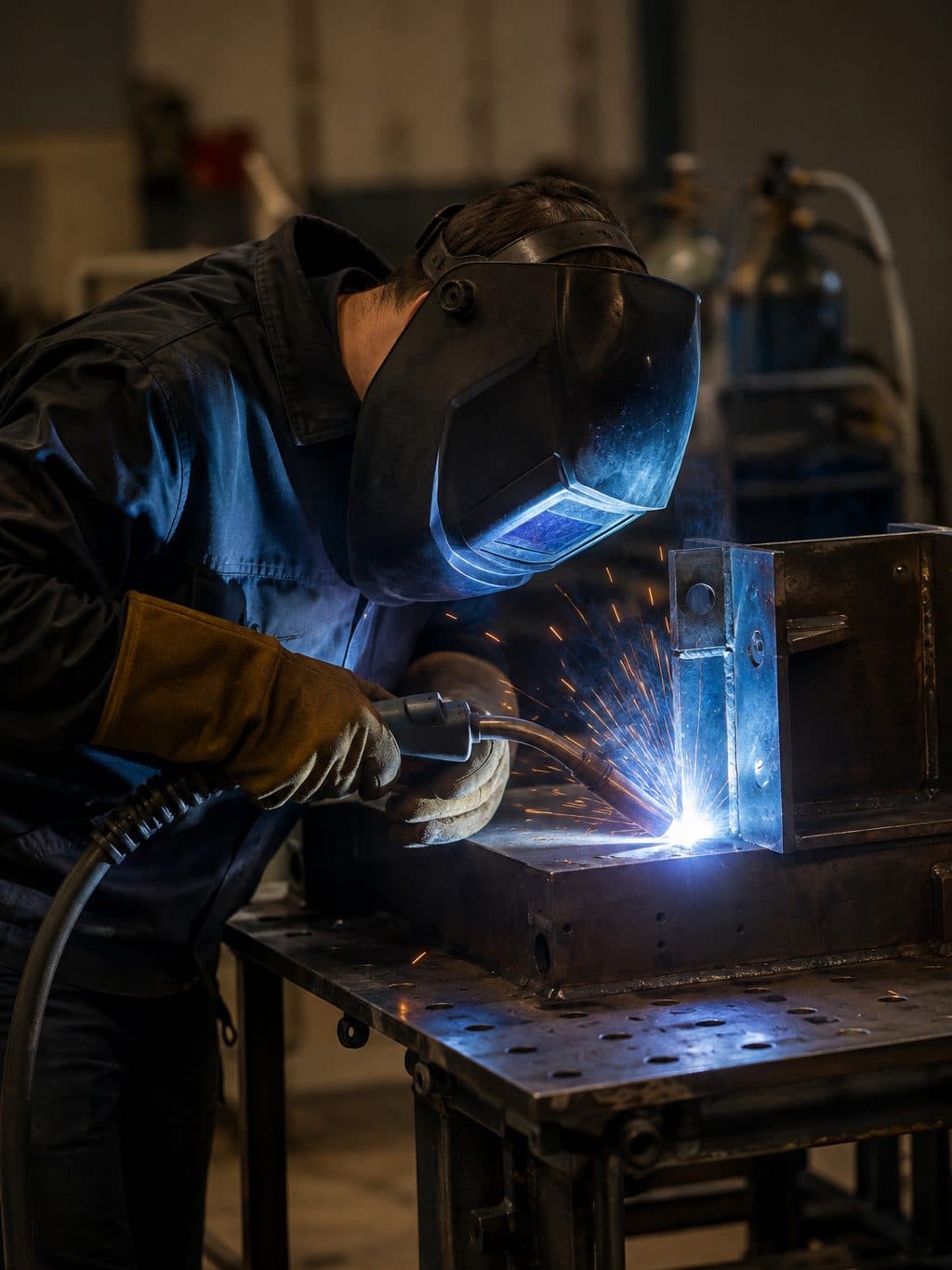 RedHawk Fab welder at the bench, arc lit